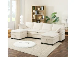 Sofá modular de 6 lugares com arrumação + apoio para os pés removível + portas USB - 280 x 152 x 83 cm - Veludo - bege