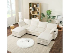 Sofá modular de 6 lugares com arrumação + apoio para os pés removível + portas USB - 280 x 152 x 83 cm - Veludo - bege