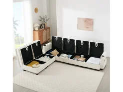Sofá modular de 6 lugares com arrumação + apoio para os pés removível + portas USB - 280 x 152 x 83 cm - Veludo - bege