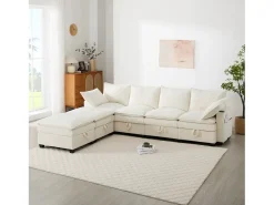 Sofá modular de 6 lugares com arrumação + apoio para os pés removível + portas USB - 280 x 152 x 83 cm - Veludo - bege