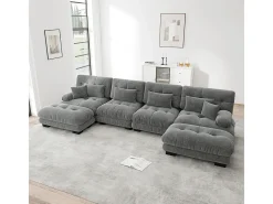 Sofá modular de canto, em forma de U, quatro lugares, com apoio para os pés removível, tecido chenille, cinzento