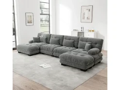 Sofá modular de canto, em forma de U, quatro lugares, com apoio para os pés removível, tecido chenille, cinzento