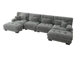 Sofá modular de canto, em forma de U, quatro lugares, com apoio para os pés removível, tecido chenille, cinzento