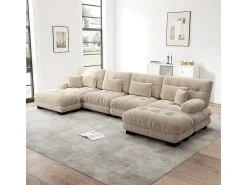 Sofá modular de canto, em forma de U, quatro lugares, com apoio para os pés removível, tecido chenille, bege