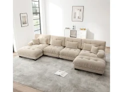 Sofá modular de canto, em forma de U, quatro lugares, com apoio para os pés removível, tecido chenille, bege