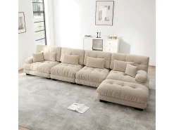 Sofá modular de canto, quatro lugares, com apoio para os pés removível, tecido chenille, bege