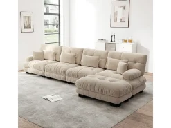Sofá modular de canto, quatro lugares, com apoio para os pés removível, tecido chenille, bege
