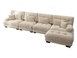 Sofá modular de canto, quatro lugares, com apoio para os pés removível, tecido chenille, bege