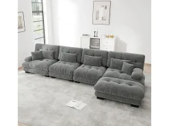 Sofá modular de canto, quatro lugares, com apoio para os pés removível, tecido chenille, cinzento
