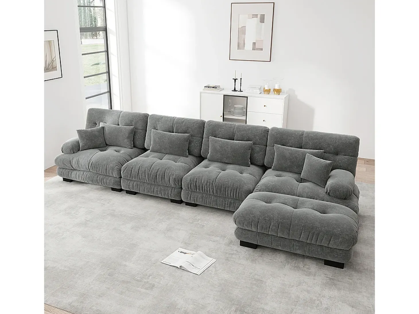 Sofá modular de canto, quatro lugares, com apoio para os pés removível, tecido chenille, cinzento