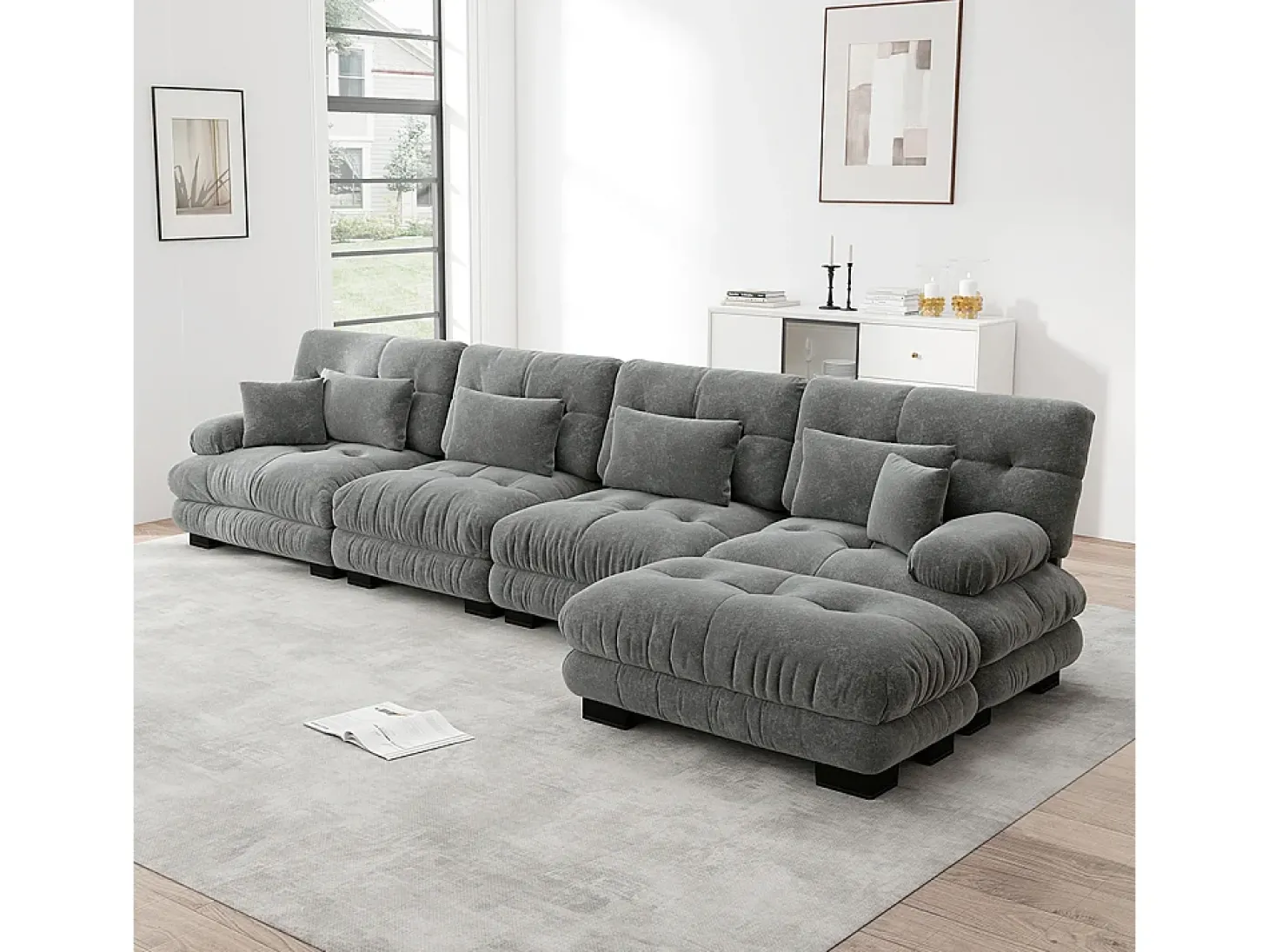 Sofá modular de canto, quatro lugares, com apoio para os pés removível, tecido chenille, cinzento
