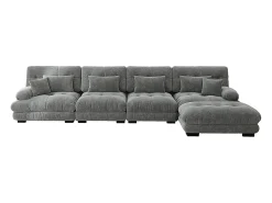 Sofá modular de canto, quatro lugares, com apoio para os pés removível, tecido chenille, cinzento