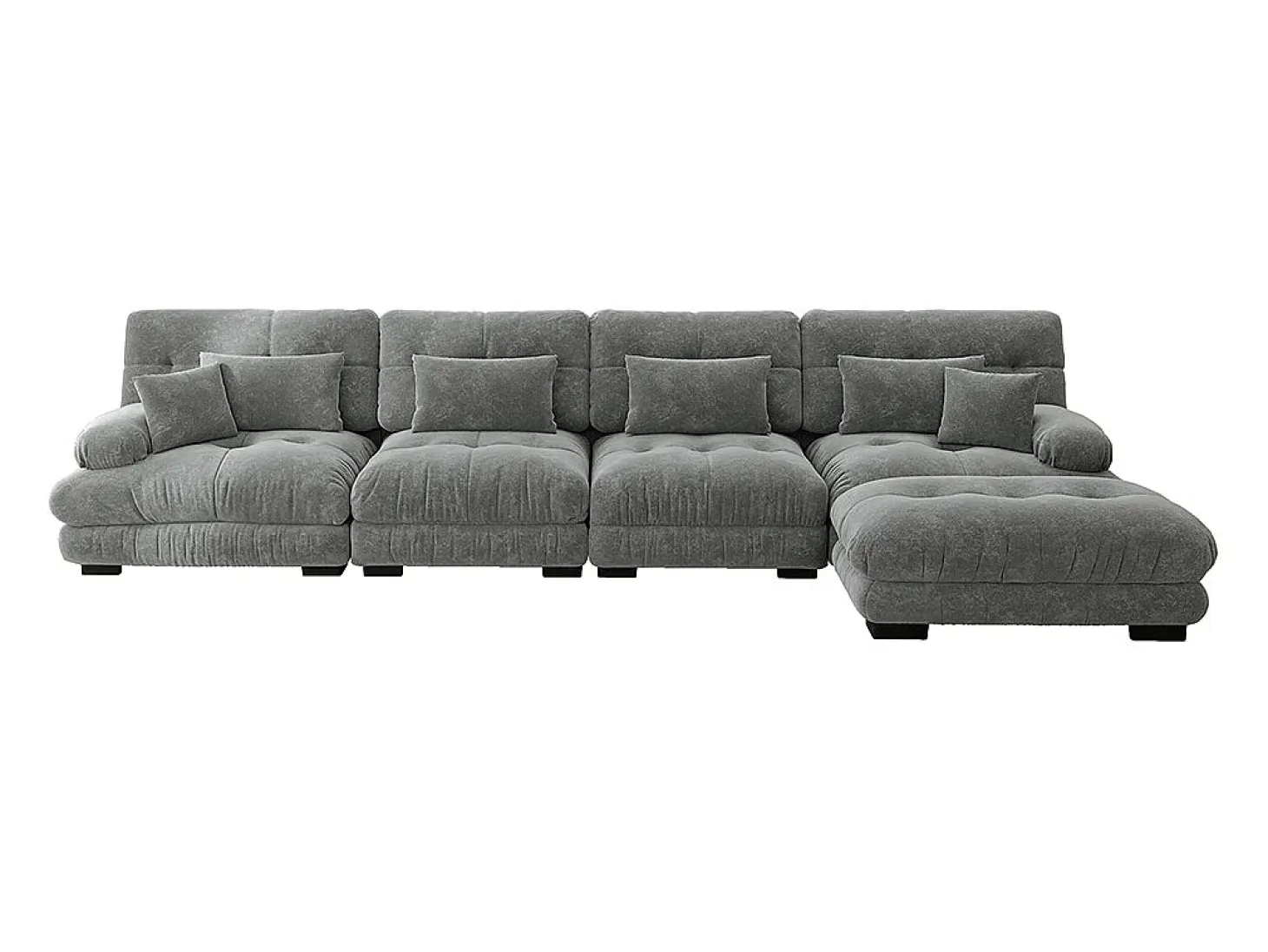 Sofá modular de canto, quatro lugares, com apoio para os pés removível, tecido chenille, cinzento