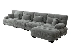 Sofá modular de canto, quatro lugares, com apoio para os pés removível, tecido chenille, cinzento
