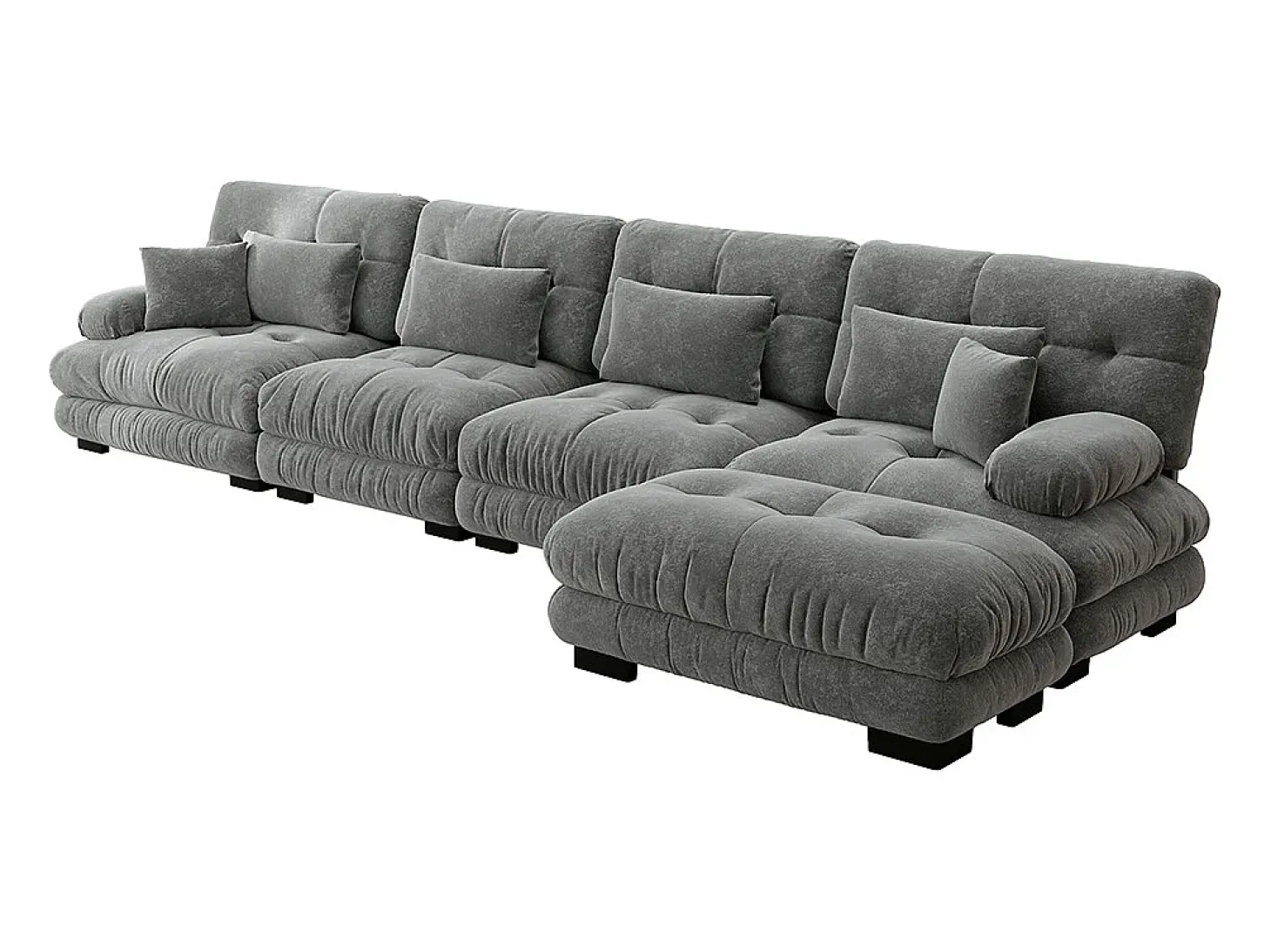 Sofá modular de canto, quatro lugares, com apoio para os pés removível, tecido chenille, cinzento