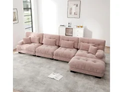 Sofá modular de canto, quatro lugares, com apoio para os pés removível, tecido chenille, rosa