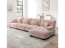 Sofá modular de canto, quatro lugares, com apoio para os pés removível, tecido chenille, rosa