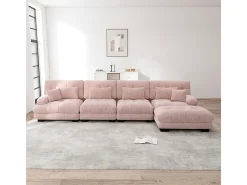 Sofá modular de canto, quatro lugares, com apoio para os pés removível, tecido chenille, rosa