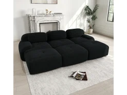 Sofá modular de três lugares com três apoios para os pés em veludo cotelê, braços extra largos, estofamento de alta resiliência 32D, preto.