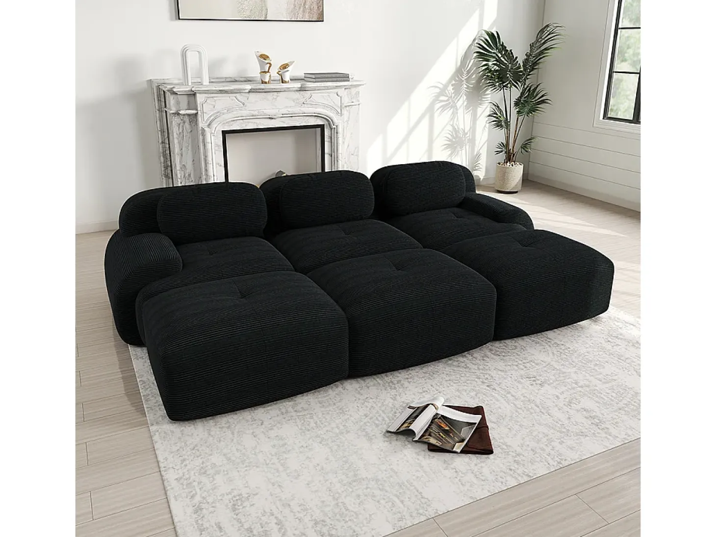 Sofá modular de três lugares com três apoios para os pés em veludo cotelê, braços extra largos, estofamento de alta resiliência 32D, preto.