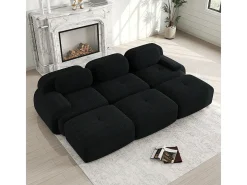 Sofá modular de três lugares com três apoios para os pés em veludo cotelê, braços extra largos, estofamento de alta resiliência 32D, preto.