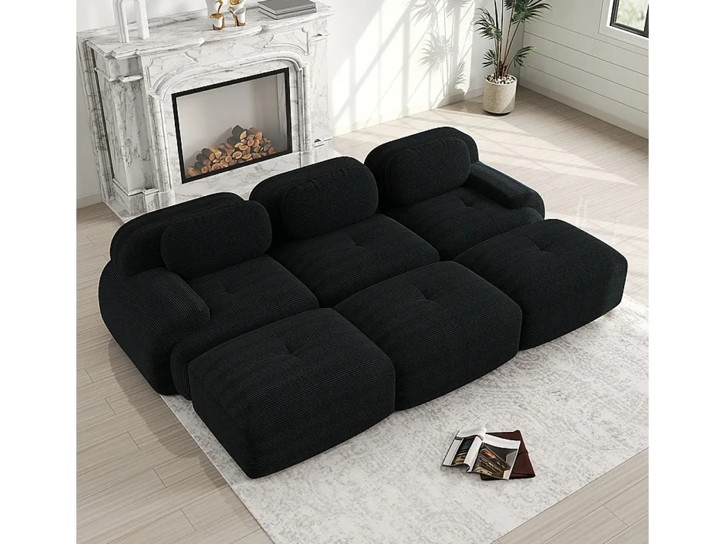 Sofá modular de três lugares com três apoios para os pés em veludo cotelê, braços extra largos, estofamento de alta resiliência 32D, preto.
