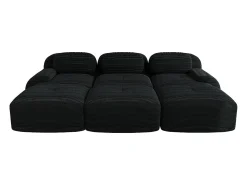 Sofá modular de três lugares com três apoios para os pés em veludo cotelê, braços extra largos, estofamento de alta resiliência 32D, preto.