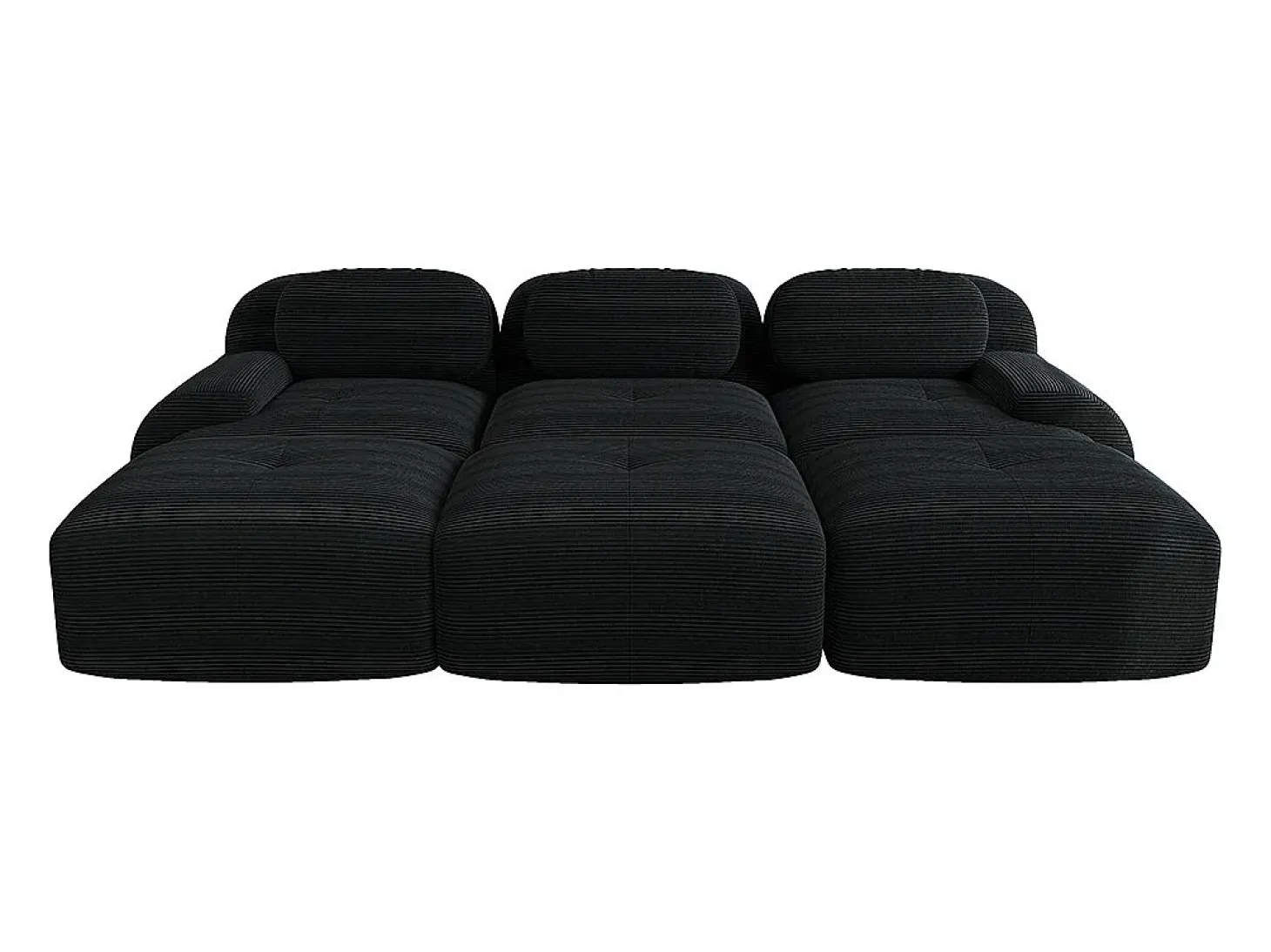 Sofá modular de três lugares com três apoios para os pés em veludo cotelê, braços extra largos, estofamento de alta resiliência 32D, preto.