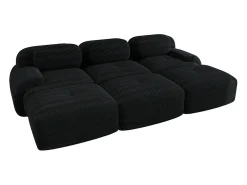 Sofá modular de três lugares com três apoios para os pés em veludo cotelê, braços extra largos, estofamento de alta resiliência 32D, preto.