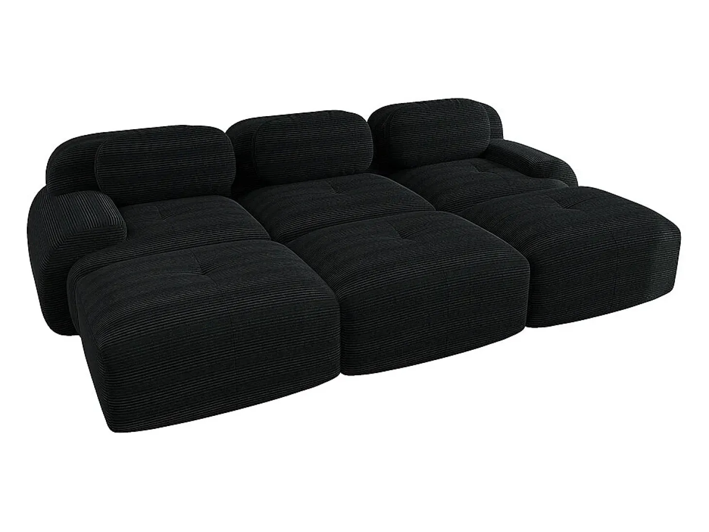 Sofá modular de três lugares com três apoios para os pés em veludo cotelê, braços extra largos, estofamento de alta resiliência 32D, preto.
