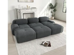 Sofá modular de três lugares com três apoios para os pés em veludo cotelê, braços extra largos, estofamento de alta resiliência 32D, cinza.