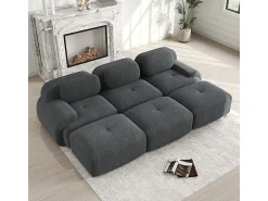 Sofá modular de três lugares com três apoios para os pés em veludo cotelê, braços extra largos, estofamento de alta resiliência 32D, cinza.