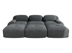 Sofá modular de três lugares com três apoios para os pés em veludo cotelê, braços extra largos, estofamento de alta resiliência 32D, cinza.