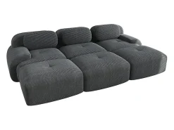 Sofá modular de três lugares com três apoios para os pés em veludo cotelê, braços extra largos, estofamento de alta resiliência 32D, cinza.