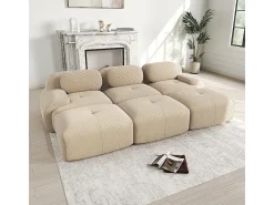 Sofá modular de três lugares com três apoios para os pés em veludo cotelê, braços extra largos, estofamento de alta resiliência 32D, bege.