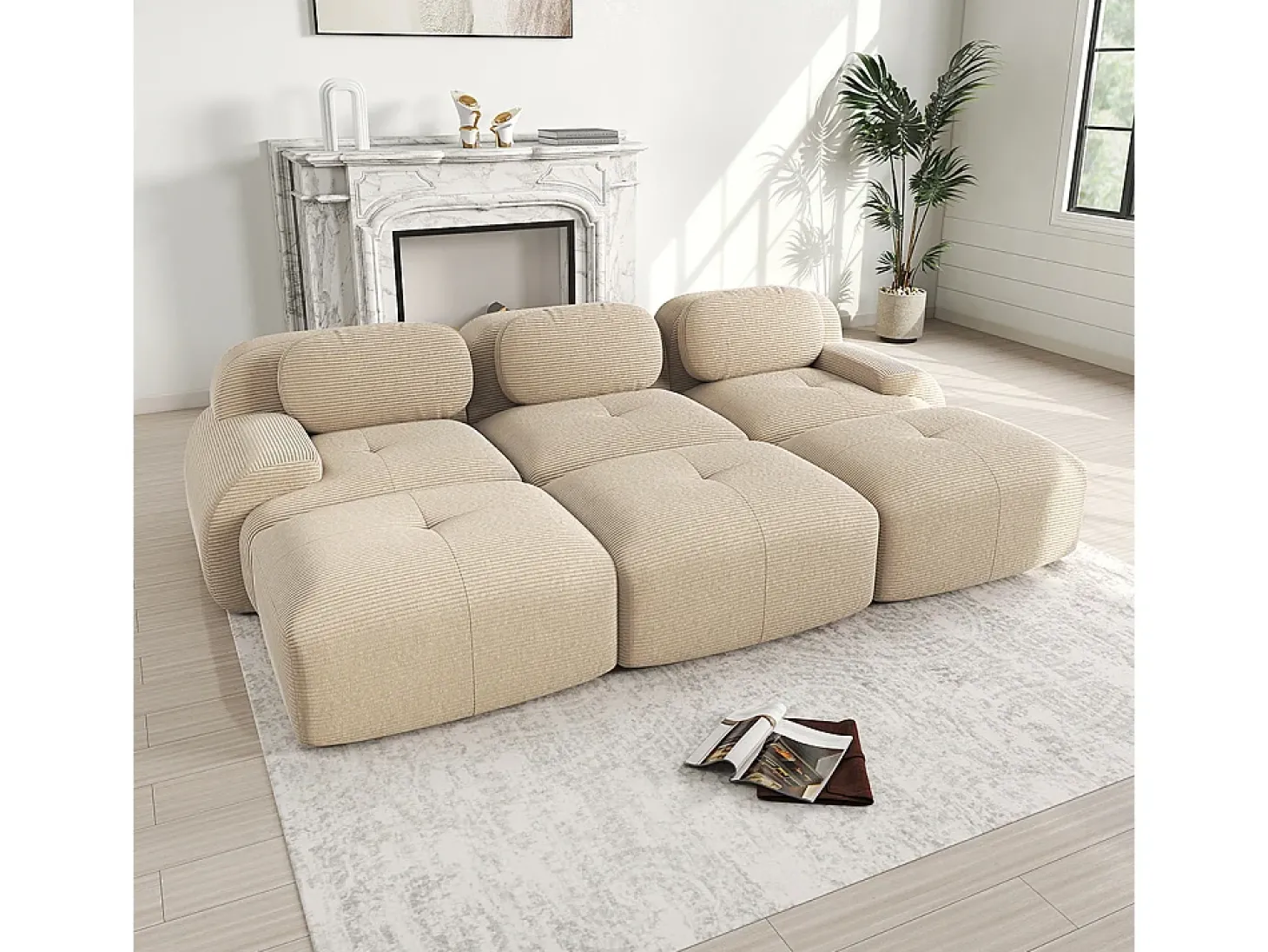 Sofá modular de três lugares com três apoios para os pés em veludo cotelê, braços extra largos, estofamento de alta resiliência 32D, bege.