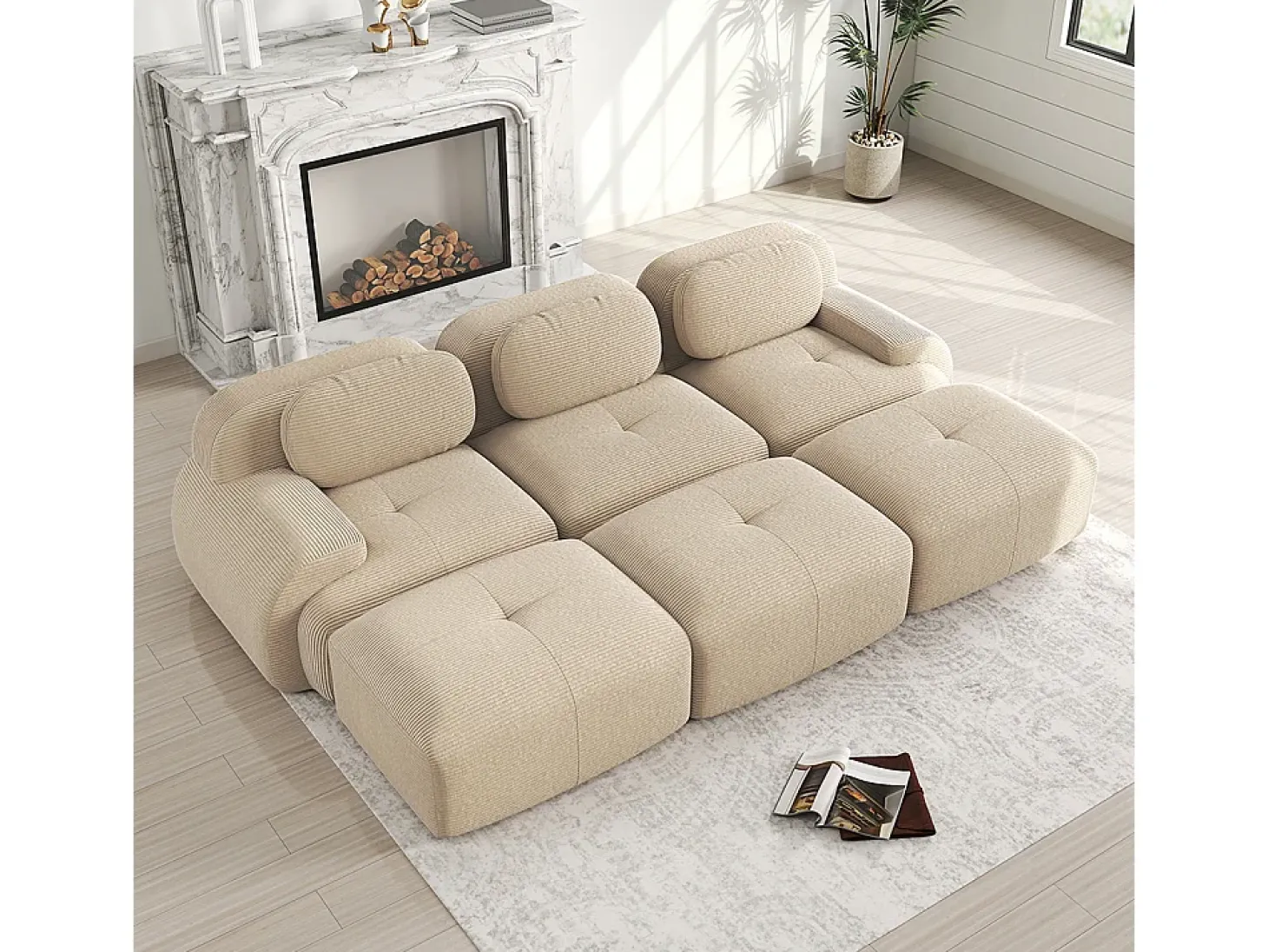 Sofá modular de três lugares com três apoios para os pés em veludo cotelê, braços extra largos, estofamento de alta resiliência 32D, bege.