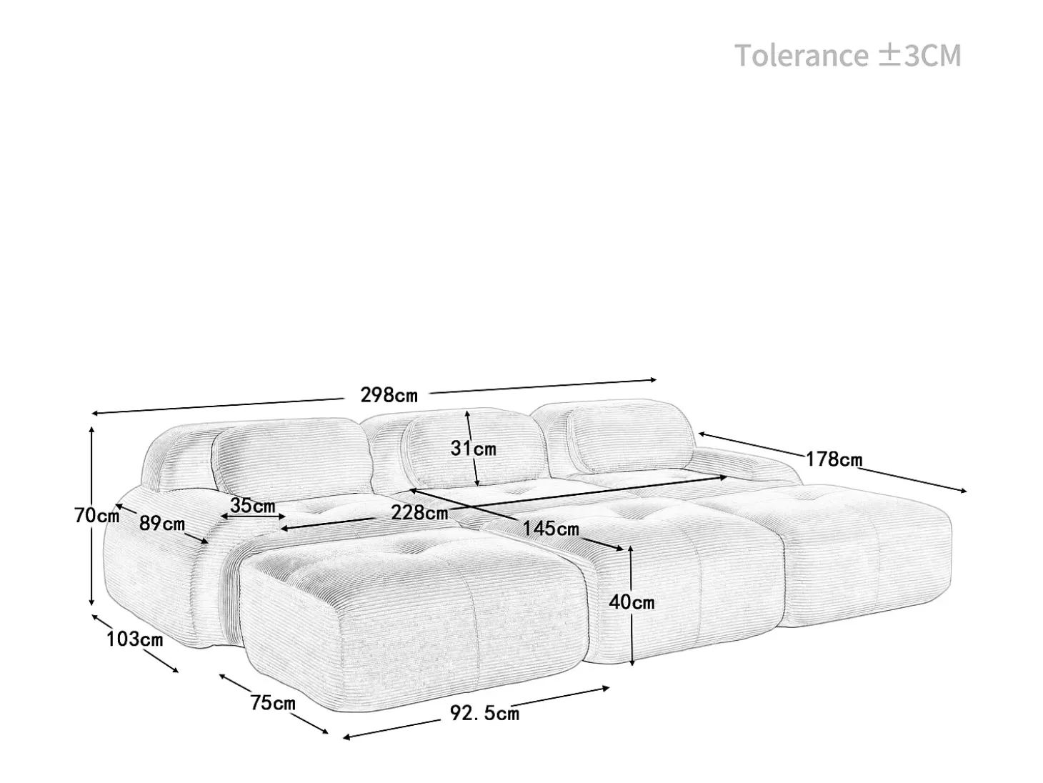 Sofá modular de três lugares com três apoios para os pés em veludo cotelê, braços extra largos, estofamento de alta resiliência 32D, bege.
