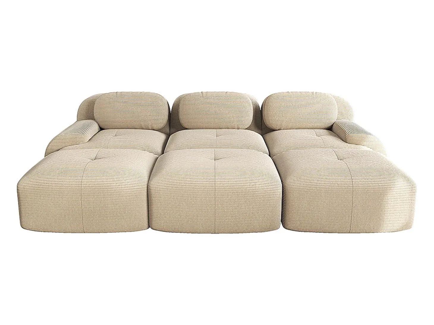 Sofá modular de três lugares com três apoios para os pés em veludo cotelê, braços extra largos, estofamento de alta resiliência 32D, bege.
