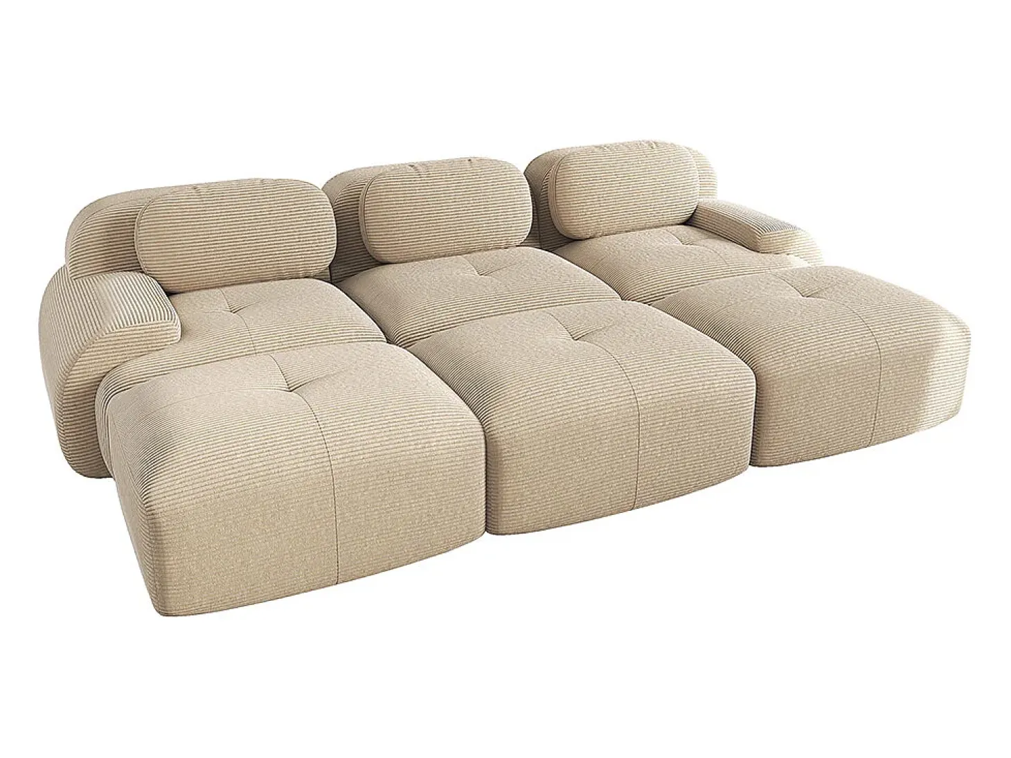 Sofá modular de três lugares com três apoios para os pés em veludo cotelê, braços extra largos, estofamento de alta resiliência 32D, bege.
