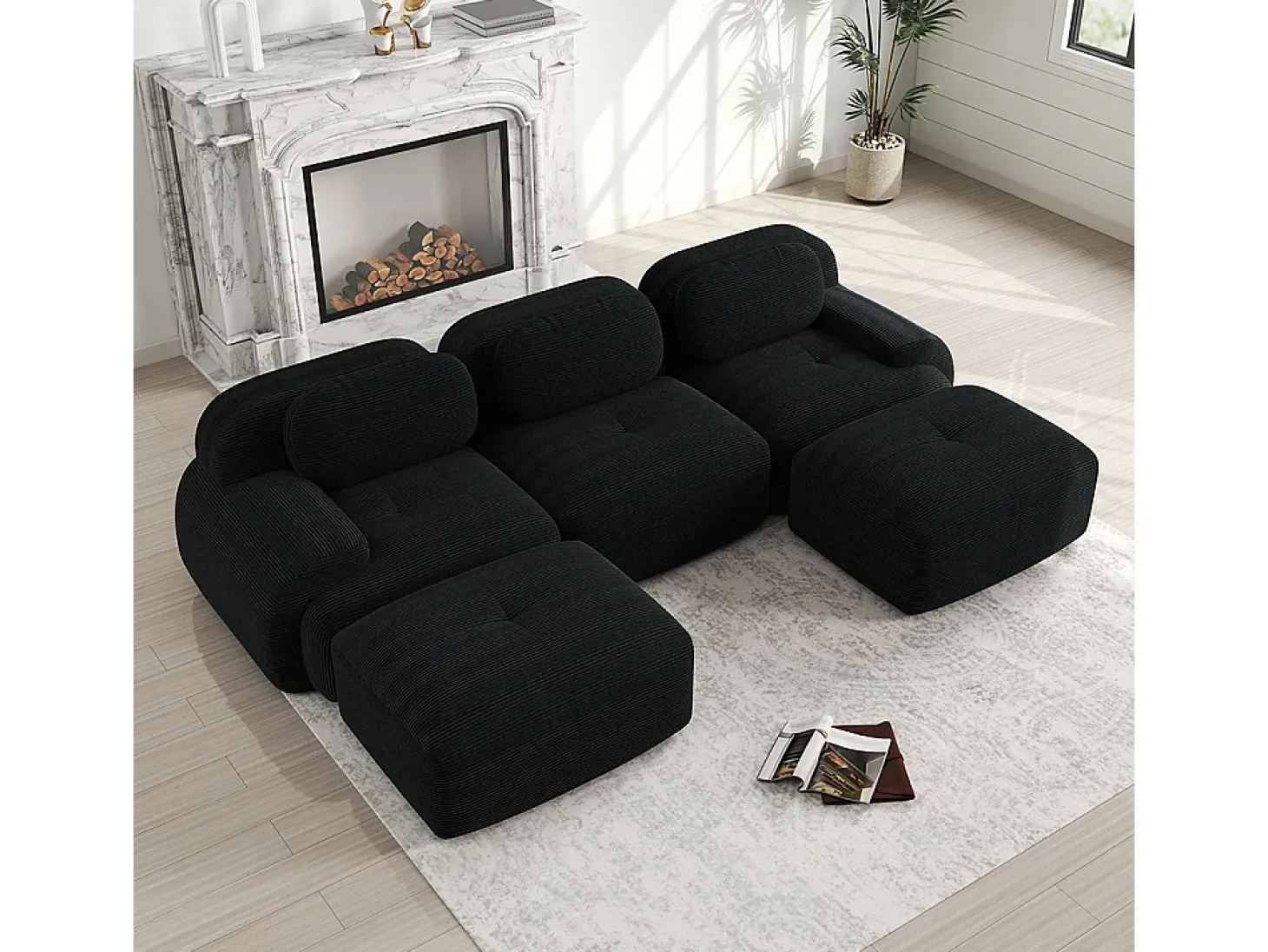 Sofá modular em forma de U, tecido de veludo cotelê, braços extra largos, estofamento de alta resiliência 32D, preto.