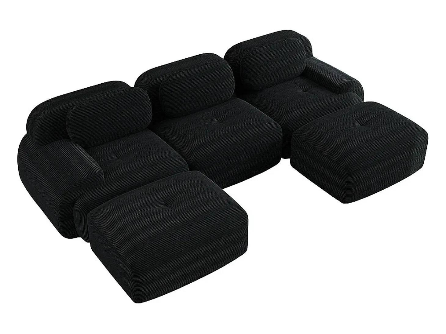 Sofá modular em forma de U, tecido de veludo cotelê, braços extra largos, estofamento de alta resiliência 32D, preto.