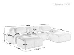 Sofá modular em forma de U, tecido de veludo cotelê, braços extra largos, estofamento de alta resiliência 32D, cinza.