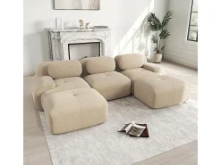 Sofá modular em forma de U, tecido de veludo cotelê, braços extra largos, estofamento de alta resiliência 32D, bege.