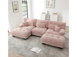 Sofá nuvem extragrande em forma de U, sofá-cama convertível com apoio para os pés, chenille, rosa