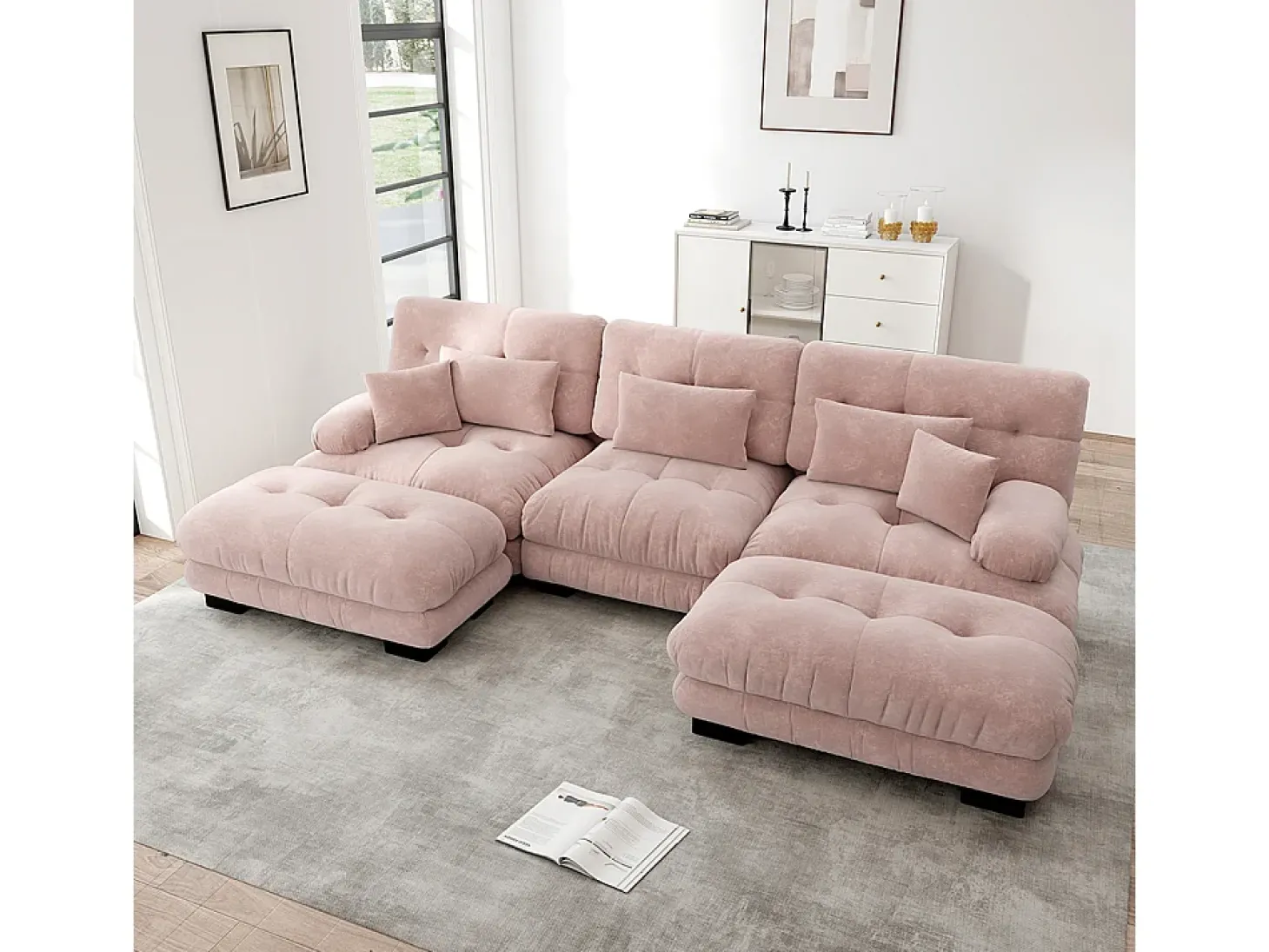 Sofá nuvem extragrande em forma de U, sofá-cama convertível com apoio para os pés, chenille, rosa