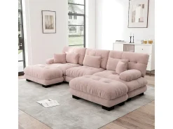 Sofá nuvem extragrande em forma de U, sofá-cama convertível com apoio para os pés, chenille, rosa