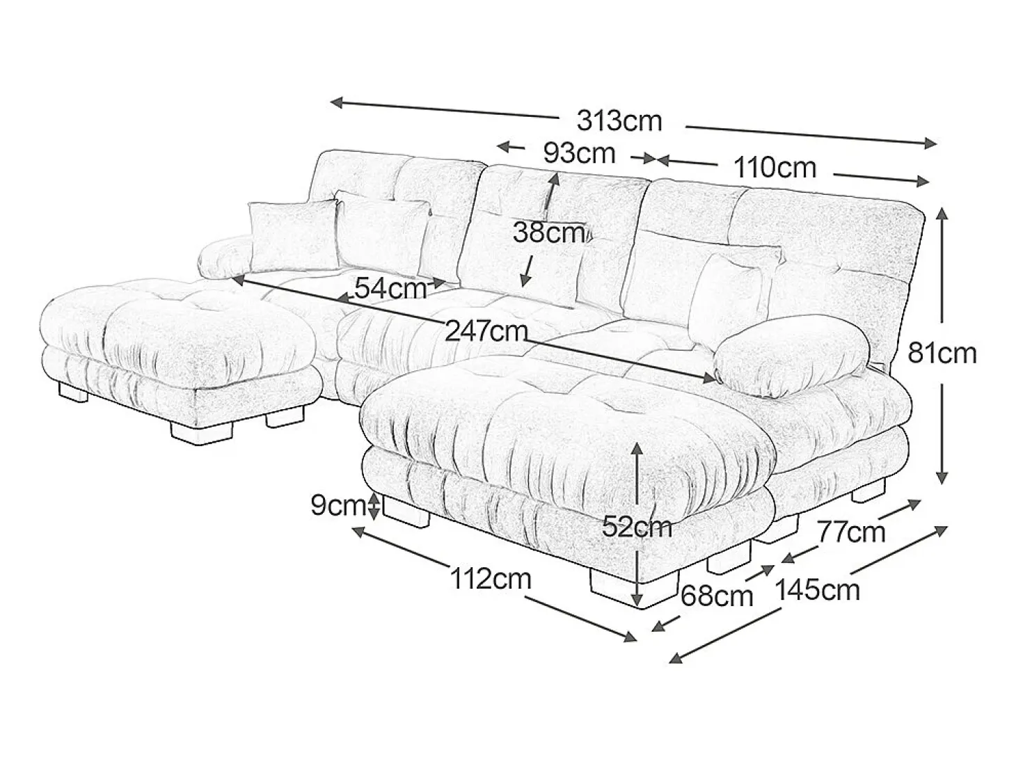 Sofá nuvem extragrande em forma de U, sofá-cama convertível com apoio para os pés, chenille, rosa