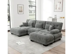 Sofá nuvem extragrande em forma de U, sofá-cama convertível com apoio para os pés, chenille, cinza