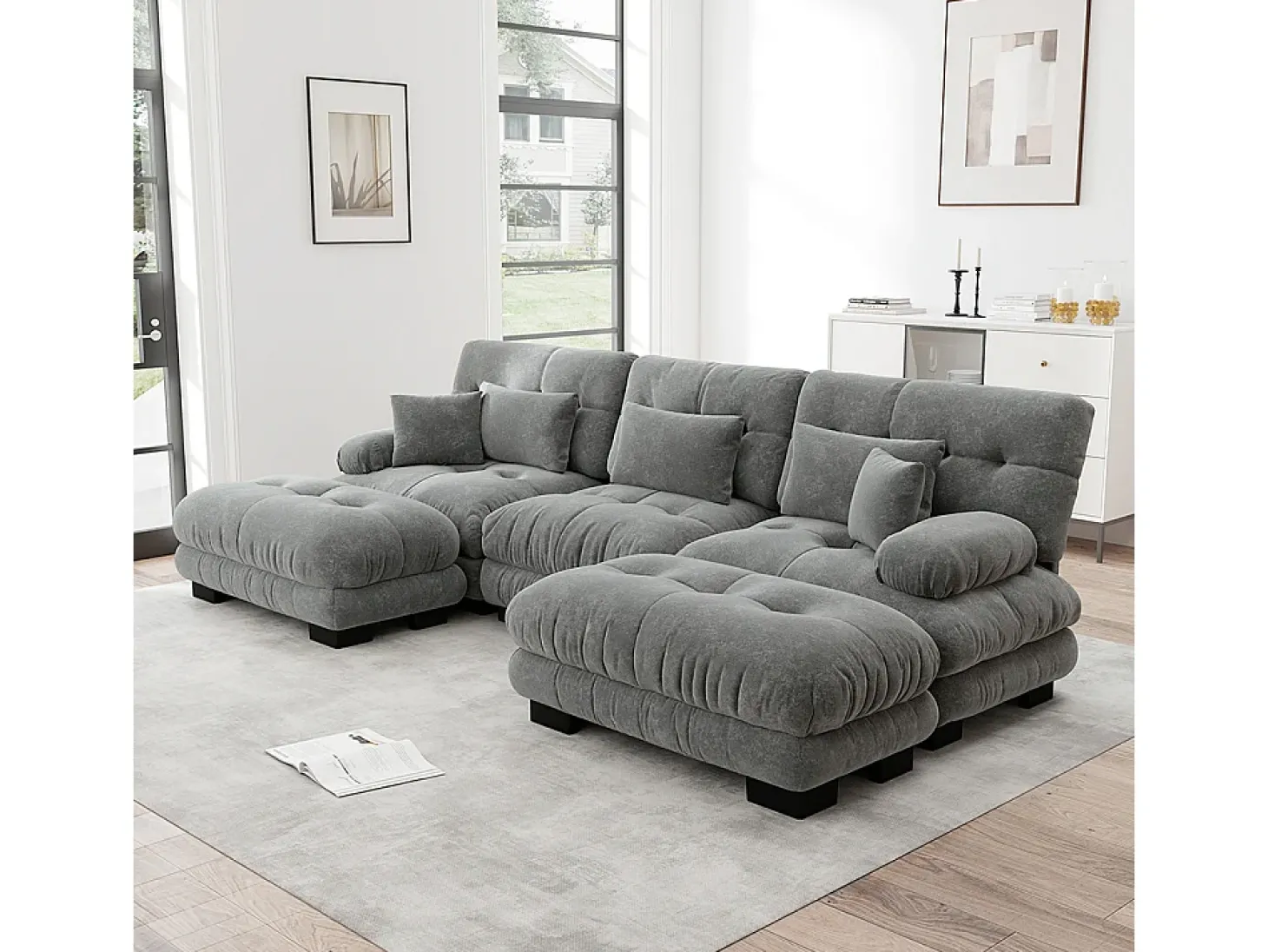 Sofá nuvem extragrande em forma de U, sofá-cama convertível com apoio para os pés, chenille, cinza